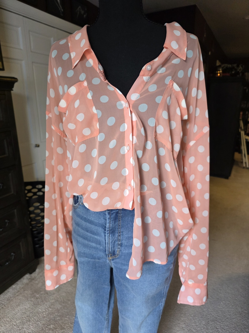 Free People Medium Coral Peach Polka Dot Sheer Hi-Low Button Down Blouse